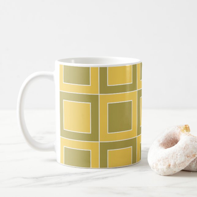 Yellow Green Squares Geometric Pattern Coffee Mug (With Donut)
