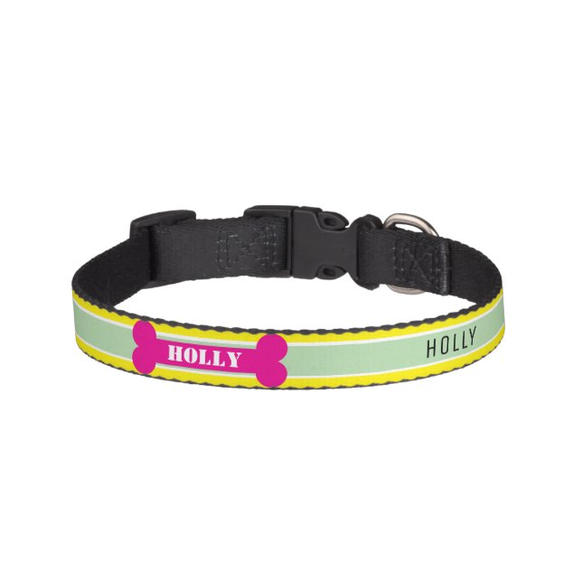 Yellow Green Stripes Pink Dog Bone Name  Pet Collar (Front)