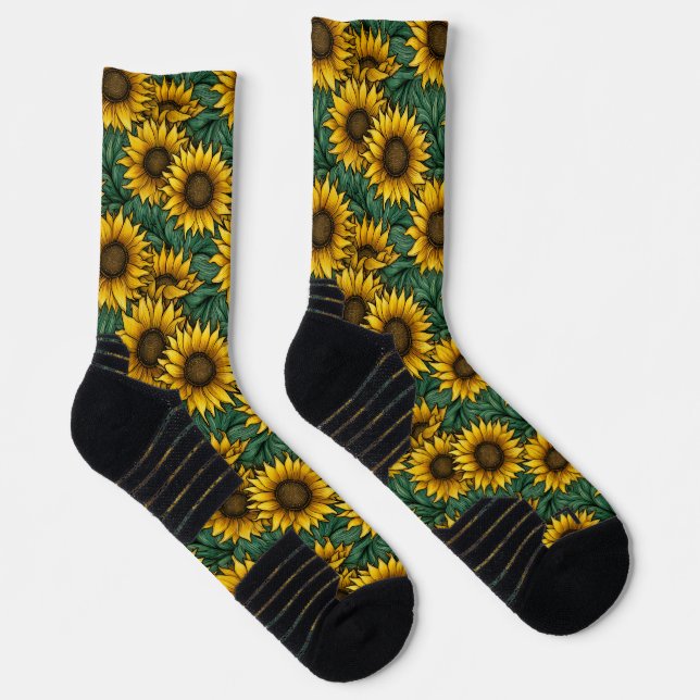Yellow Green Sunflower Pattern Athletic Crew Socks (Right)