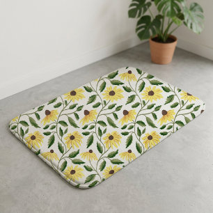 Yellow Green Sunflower Watercolor Wildflower Bath Mat