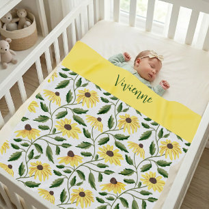 Yellow Green Sunflower Watercolor Wildflower Name Baby Blanket