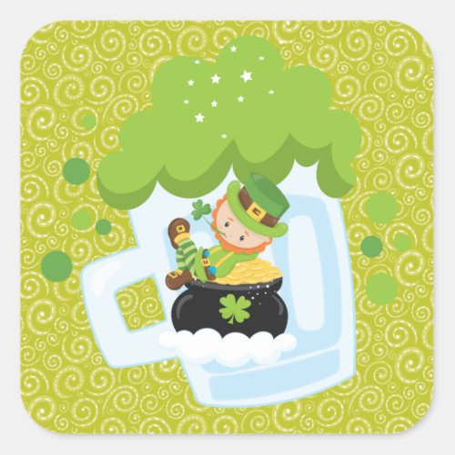 Yellow Green Swirls Mug of Beer Leprechaun Sticker