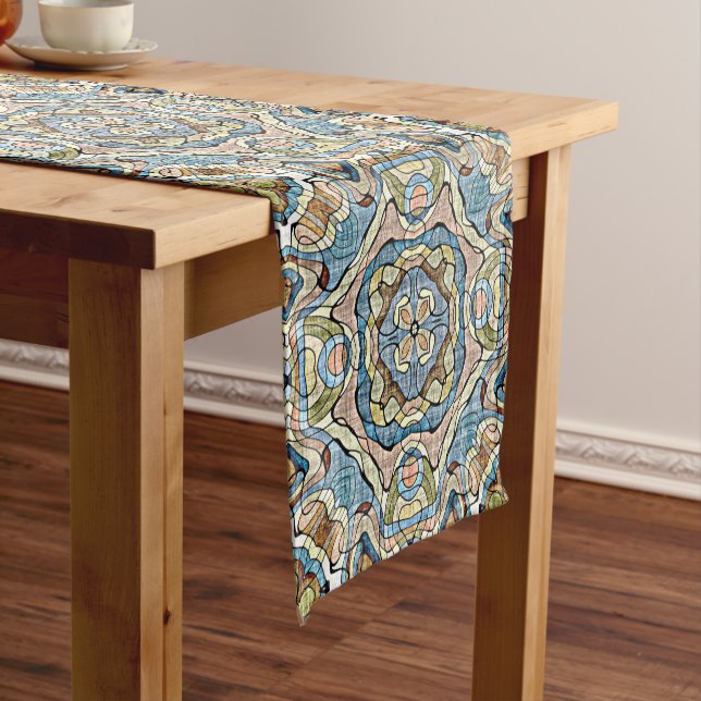 Yellow Green Teal Blue Orange Hip Bohemian Art Short Table Runner (In Situ)