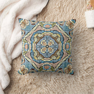 Yellow Green Teal Blue Orange Hip Bohemian Art Throw Pillow
