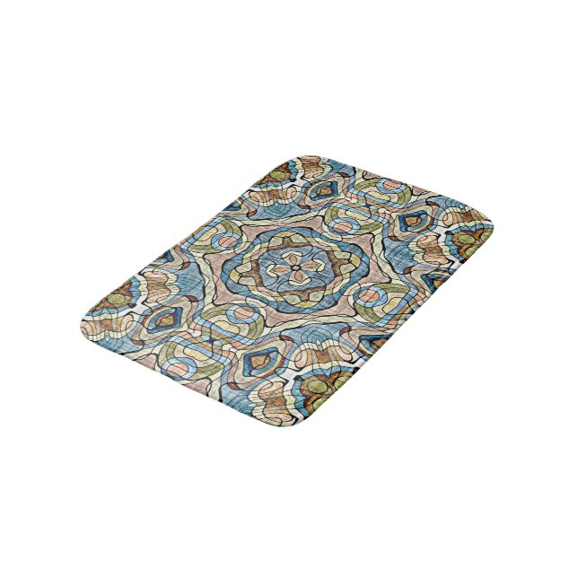 Yellow Green Teal Blue Orange Tribal Art Bathroom Mat (Angled)