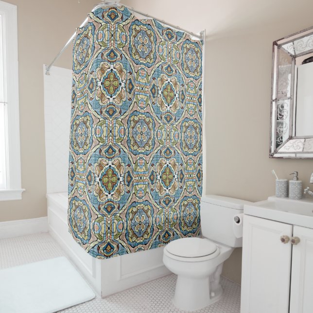 Yellow Green Teal Blue Orange Tribal Art Shower Curtain (In Situ)