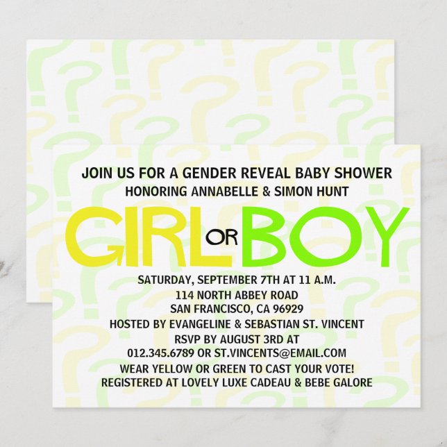 Yellow & Green Typography Gender Reveal Party Invitation (Front/Back)