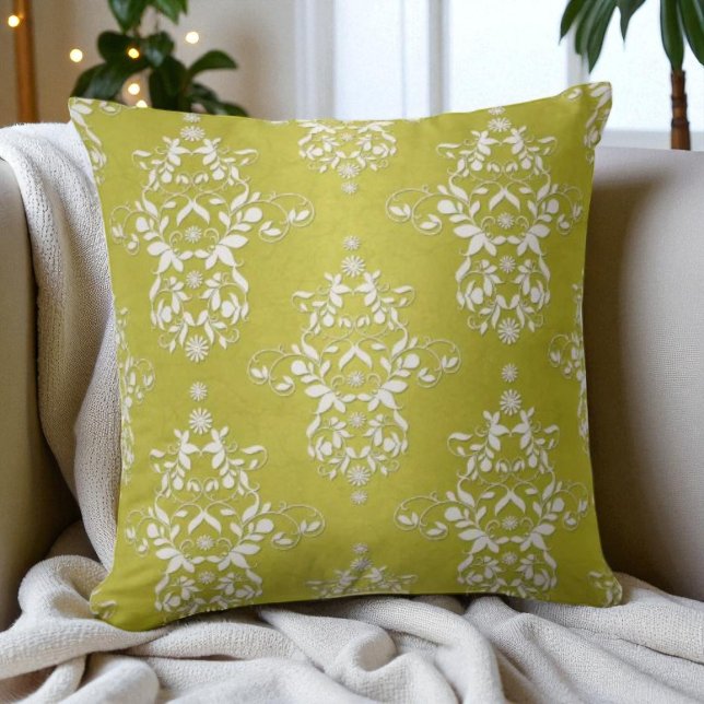 Yellow Green Victorian Retro Floral Damask Throw Pillow (Creator Uploaded)