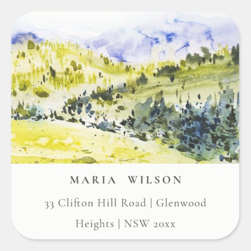 Yellow Green Watercolor Countryside Hills Address Square Sticker