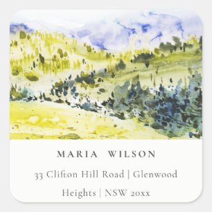 Yellow Green Watercolor Countryside Hills Address Square Sticker