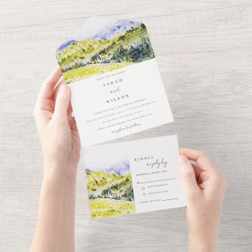 Yellow Green Watercolor Countryside Hills Wedding All In One Invitation