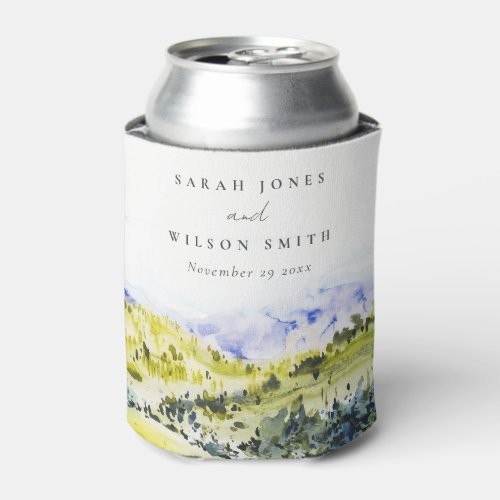 Yellow Green Watercolor Countryside Hills Wedding Can Cooler