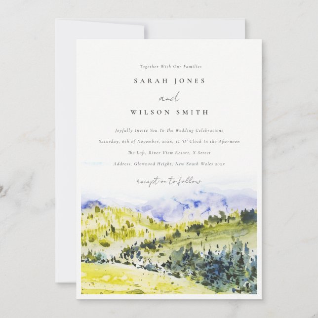 Yellow Green Watercolor Countryside Hills Wedding Invitation (Front)