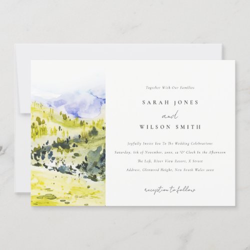 Yellow Green Watercolor Countryside Hills Wedding Invitation