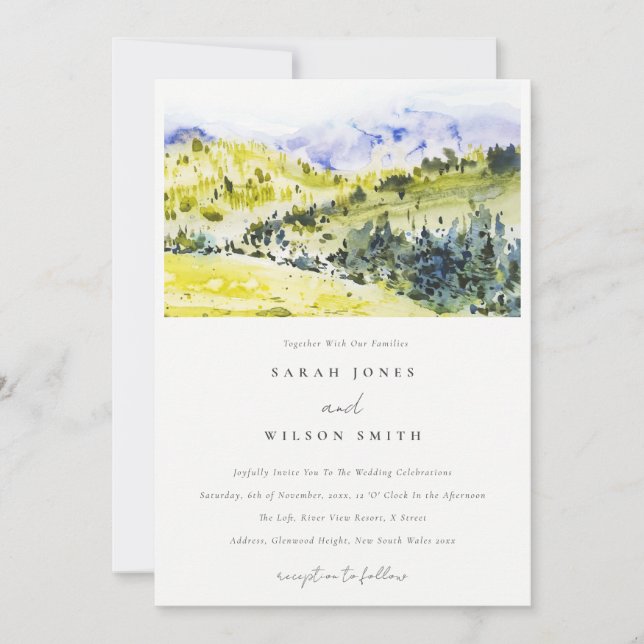 Yellow Green Watercolor Countryside Hills Wedding Invitation (Front)
