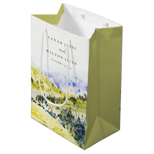 Yellow Green Watercolor Countryside Hills Wedding  Medium Gift Bag