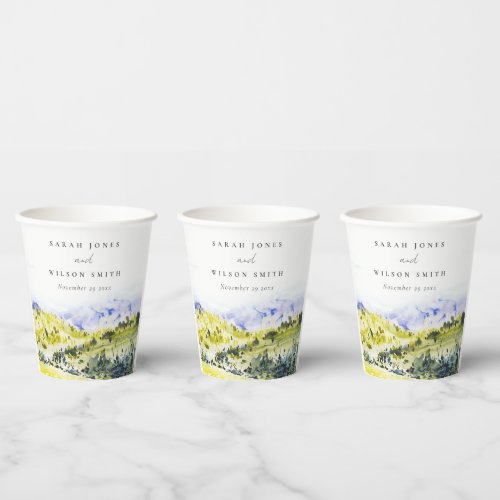 Yellow Green Watercolor Countryside Hills Wedding Paper Cups