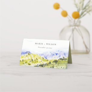Yellow Green Watercolor Countryside Hills Wedding Place Card