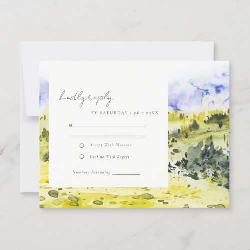 Yellow Green Watercolor Countryside Hills Wedding RSVP Card