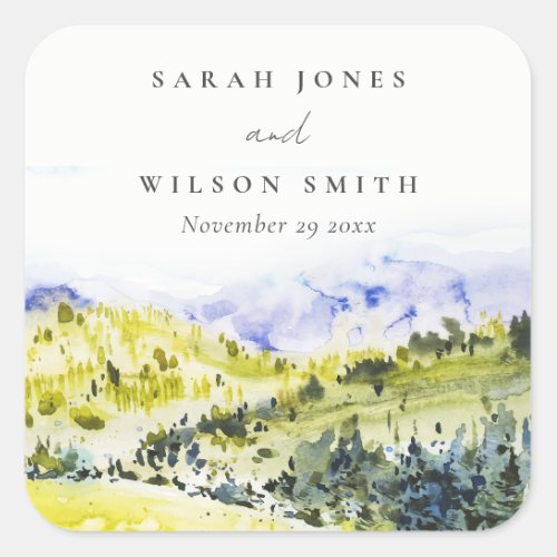 Yellow Green Watercolor Countryside Hills Wedding Square Sticker