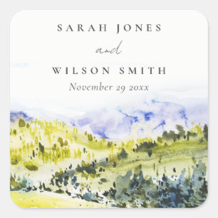 Yellow Green Watercolor Countryside Hills Wedding Square Sticker