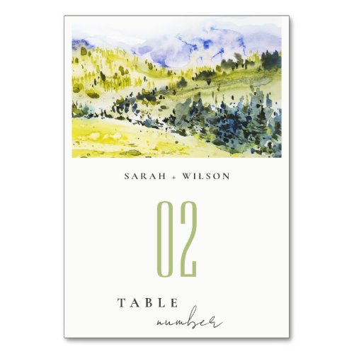 Yellow Green Watercolor Countryside Hills Wedding Table Number