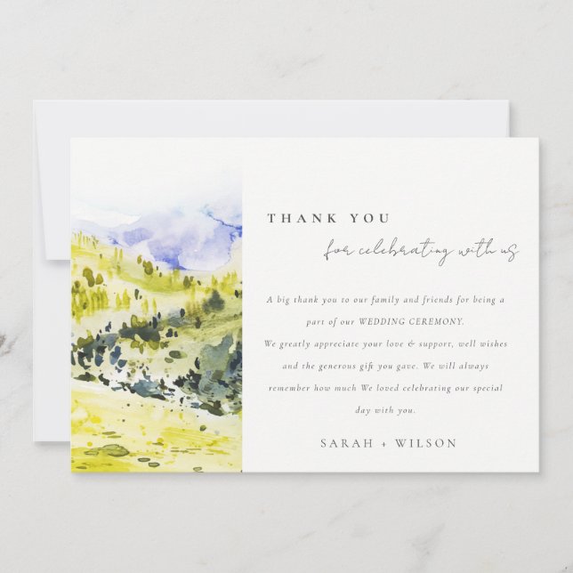 Yellow Green Watercolor Countryside Hills Wedding Thank You Card (Front)