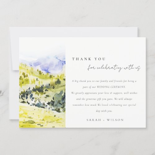 Yellow Green Watercolor Countryside Hills Wedding Thank You Card