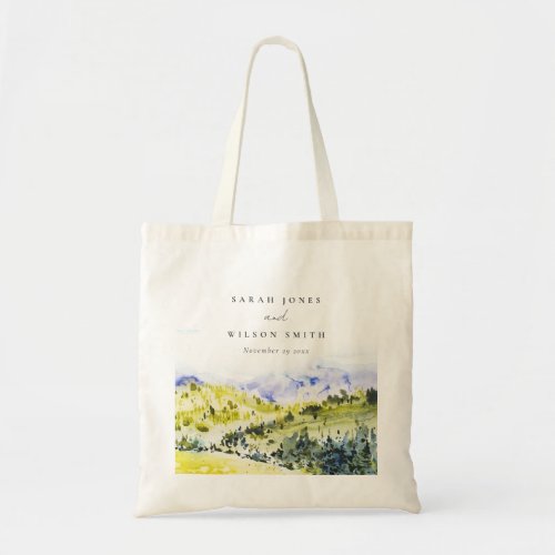 Yellow Green Watercolor Countryside Hills Wedding Tote Bag