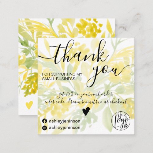 Yellow green watercolor girly order thank you square business card