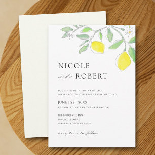Yellow Green Watercolor Lemons and Leaves Wedding Invitation