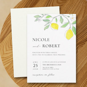 Yellow Green Watercolor Lemons and Leaves Wedding Invitation