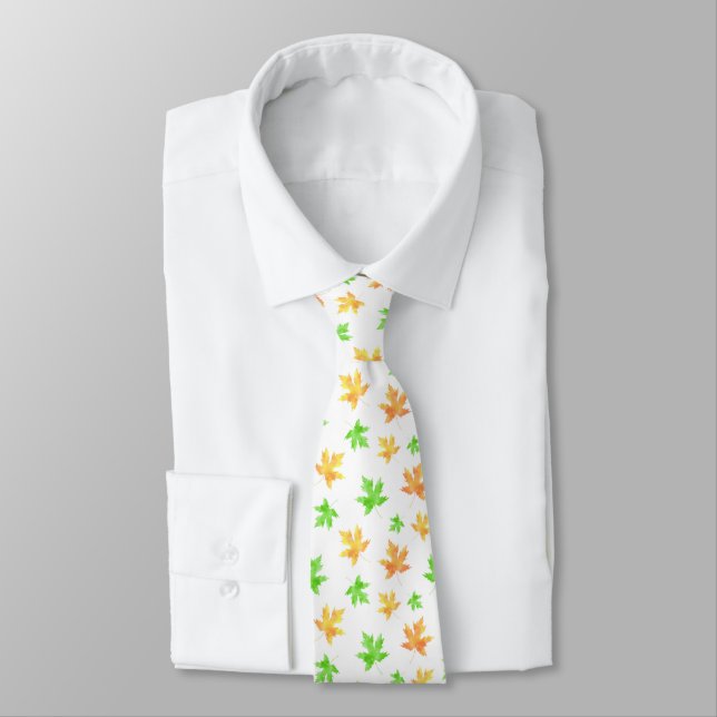 Yellow Green Watercolor Maple Leaf Pattern  Neck Tie (Tied)
