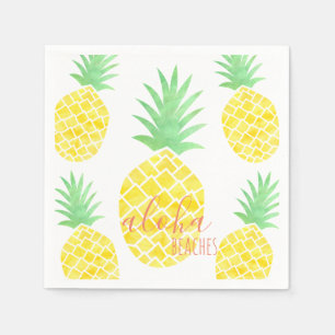 Yellow & Green Watercolor Pineapple Aloha Beaches Napkins