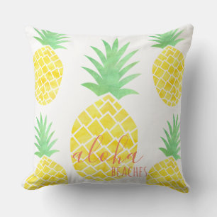 Yellow & Green Watercolor Pineapple Aloha Beaches Throw Pillow