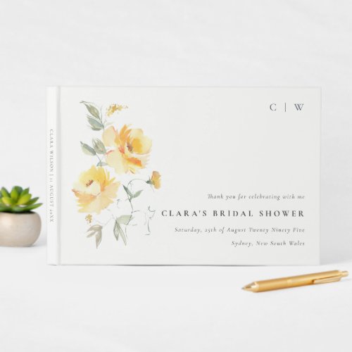 Yellow Green Watercolor Rose Flower Bridal Shower Guest Book