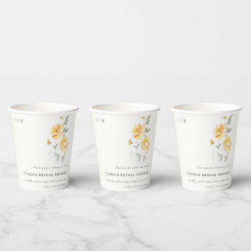 Yellow Green Watercolor Rose Flower Bridal Shower Paper Cups