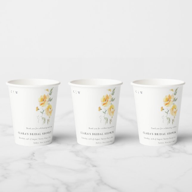 Yellow Green Watercolor Rose Flower Bridal Shower Paper Cups (Multi)