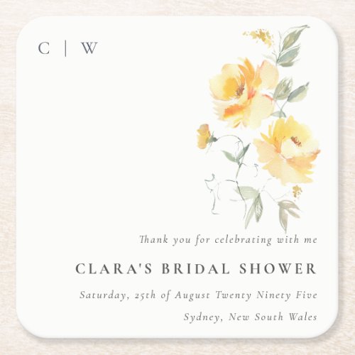 Yellow Green Watercolor Rose Flower Bridal Shower Square Paper Coaster