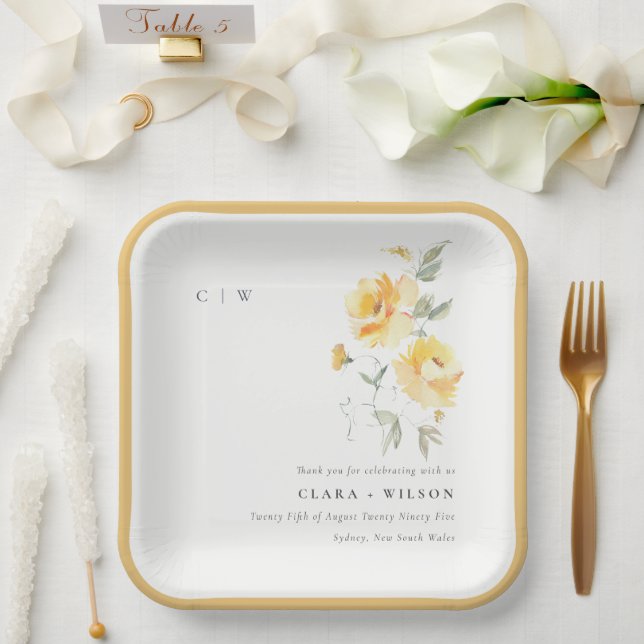 Yellow Green Watercolor Rose Flower Bunch Wedding Paper Plates (Wedding)