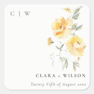 Yellow Green Watercolor Rose Flower Bunch Wedding Square Sticker