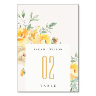 Yellow Green Watercolor Rose Flower Bunch Wedding Table Number