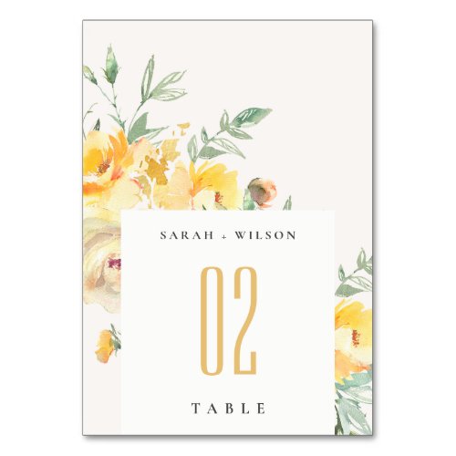 Yellow Green Watercolor Rose Flower Bunch Wedding Table Number