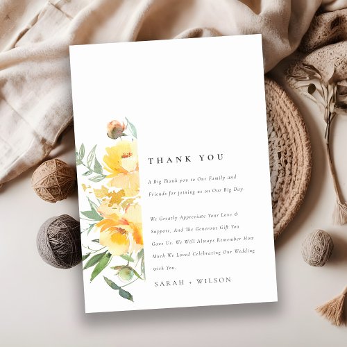 Yellow Green Watercolor Rose Flower Bunch Wedding Thank You Card