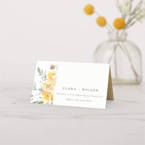 Yellow Green Watercolor Rose Flower Wedding Place Card