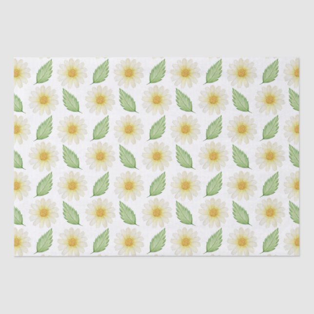 Yellow, Green Watercolor Summer Daisy Pattern Tissue Paper (Front)