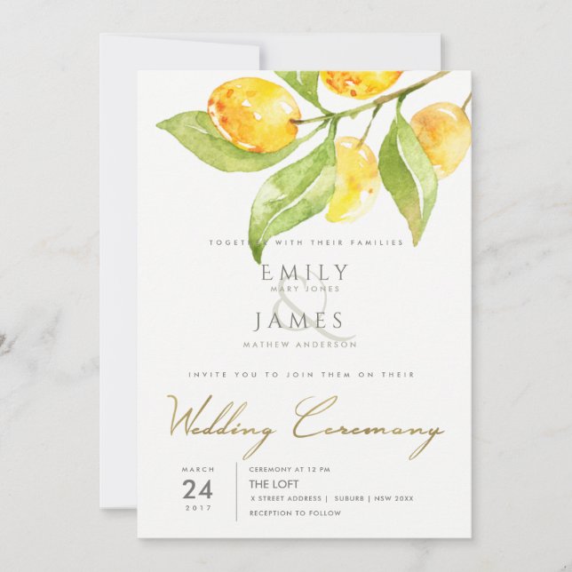 YELLOW GREEN WATERCOLOUR FOLIAGE OLIVE WEDDING INVITATION (Front)