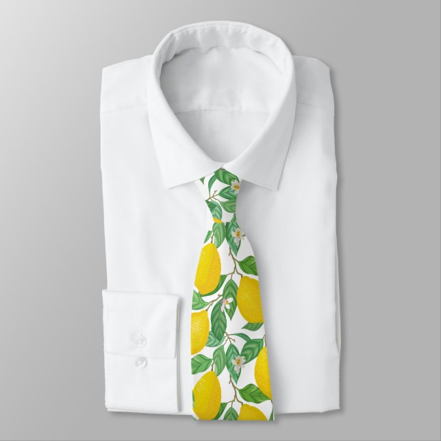 Yellow Green White Lemon Pattern Neck Tie (Tied)