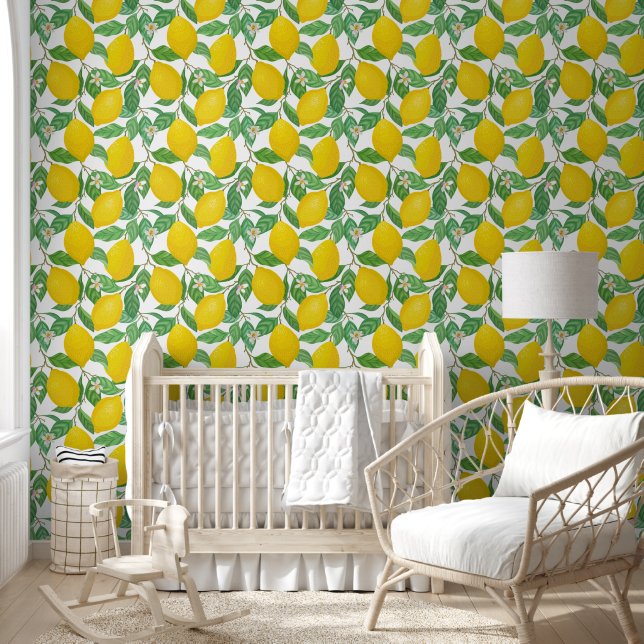 Yellow Green White Lemon Pattern Wallpaper (Kids)