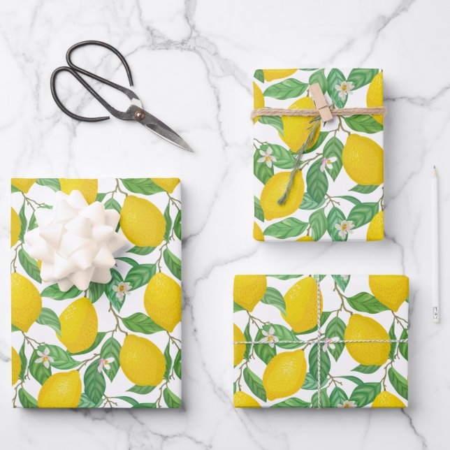 Yellow Green White Lemon Pattern Wrapping Paper Sheets (Front)